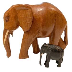 Vintage Artisan‎ Made Hand Carved Africana Kenyan Solid Wood Elephant Pair